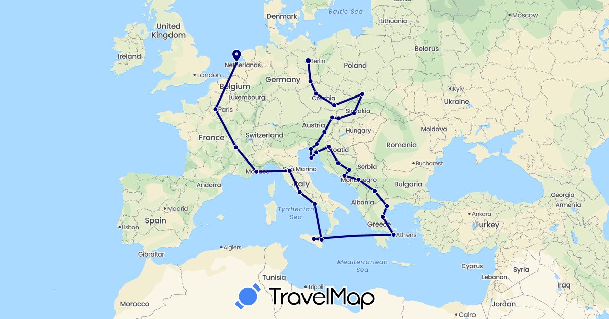 TravelMap itinerary: driving in Austria, Bosnia and Herzegovina, Czech Republic, Germany, France, Greece, Croatia, Italy, Montenegro, Macedonia, Netherlands, Poland, Slovenia, Slovakia (Europe)